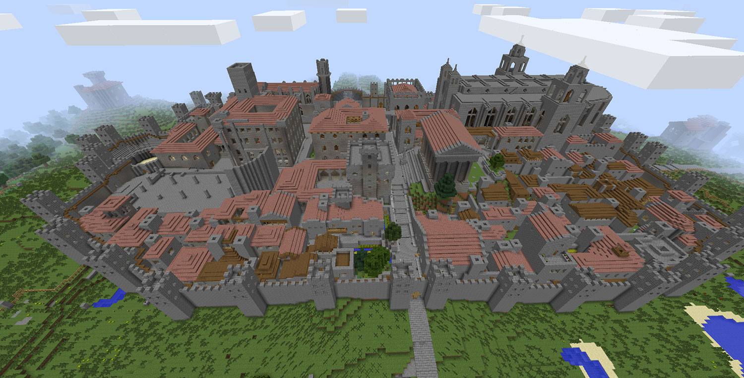 Captura de pantalla del joc d'ordinador "Minecraft", on apareix la recreació d'una ciutat medieval.