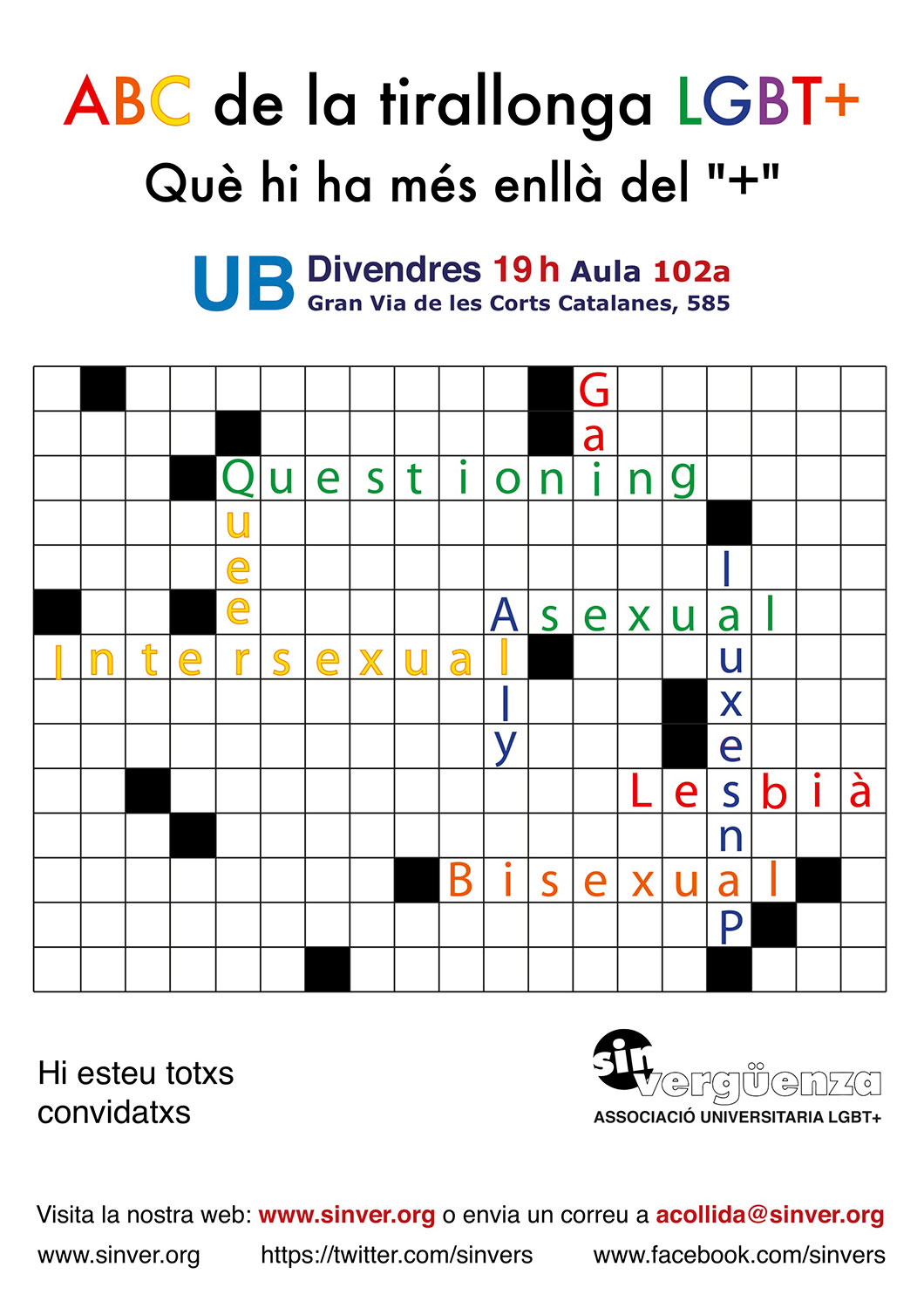 Cartell publicitari de l'activitat "ABC de la tirallonga LGBT+", per a l'associació universitària <a href="www.sinver.org" class="fontRed" target="_blank">Sin Vergüenza</a>.