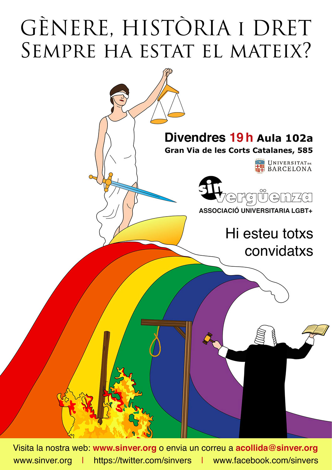 Cartell publicitari de l'activitat "Gènere, història i dret. Sempre ha estat el mateix?", per a l'associació universitaria Sin vergüenza (Illustrator).